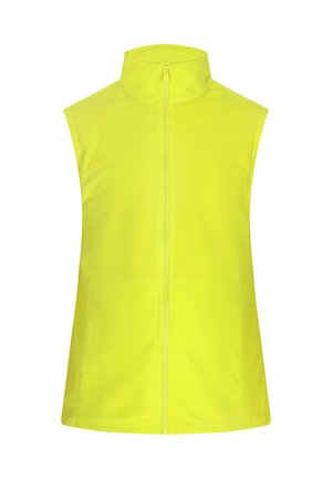 Geel mouwloos vest met een staande kraag, voorrits, gemaakt van een gladde stof. Heeft een effen kleur zonder patronen of accenten.
