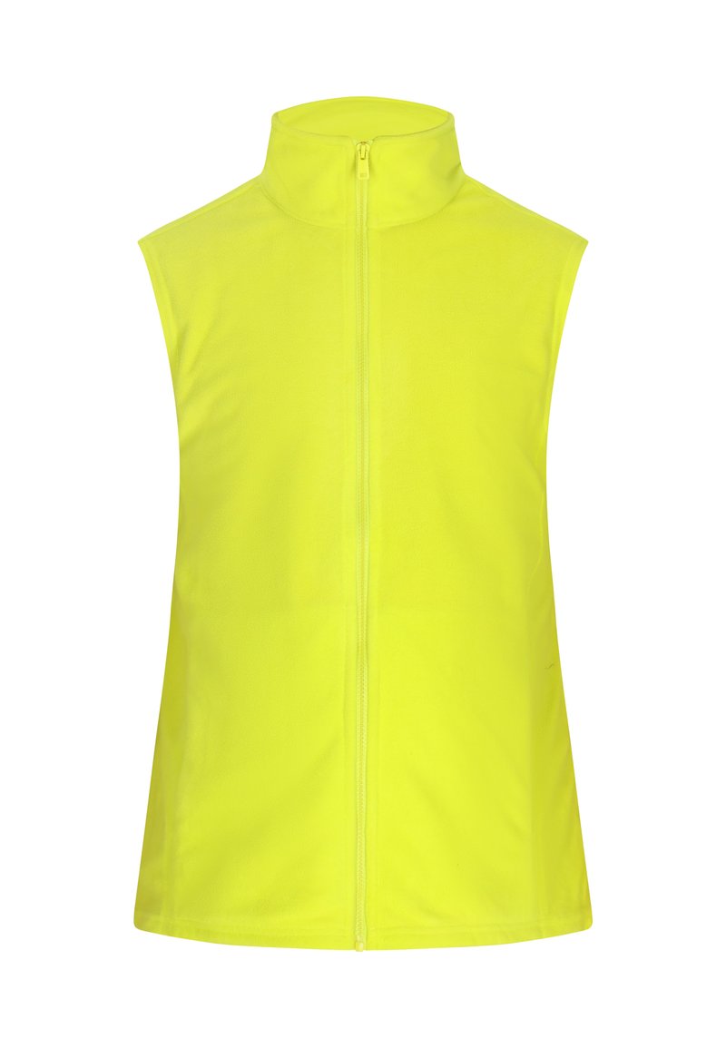 Geel mouwloos vest met een staande kraag, voorrits, gemaakt van een gladde stof. Heeft een effen kleur zonder patronen of accenten.