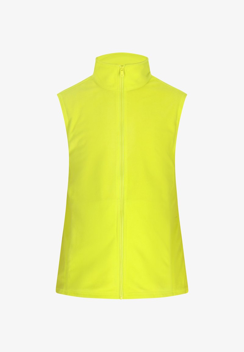 Vesta fără mâneci de culoare galbenă, cu guler în picioare, fermoar frontal, realizată dintr-un material neted. Prezintă o culoare uniformă, fără modele sau accente.