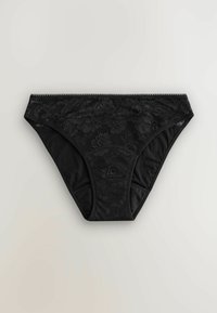 Svarta spetsbikiniunderkläder för kvinnor med blommönster och en genomskinlig meshdesign på midjan och frontpanelen.