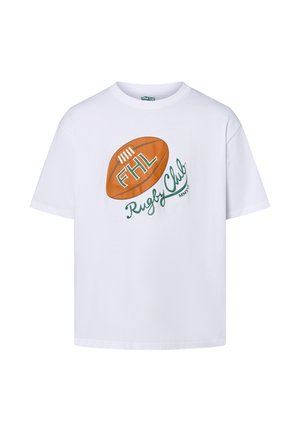 Weißes T-Shirt mit kurzen Ärmeln, das ein Grafikdesign mit einem orangefarbenen Rugbyball, grüner Schrift "FHL Rugby Club" und einem lockeren Schnitt zeigt.