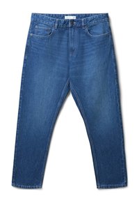 Jeans en denim bleu avec une coupe droite, style à cinq poches et un léger délavage. Dotés d'une fermeture à bouton et à zip à la taille.