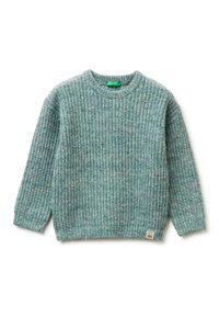 Maglione lavorato a maglia in azzurro chiaro con texture a coste, scollatura rotonda e maniche lunghe. Presenta macchie colorate e un piccolo etichetta del marchio.