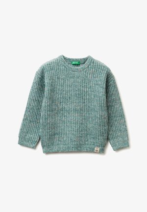Licht blauwgroene gebreide trui met een ribbelstructuur, ronde halslijn en lange mouwen. Heeft kleurrijke spikkels en een klein merklabel.