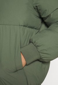 Groene donzen jas met een gladde textuur, elastische manchetten en zijzakken. Het ontwerp heeft stiknaden in panelen en een afgeronde silhouet.