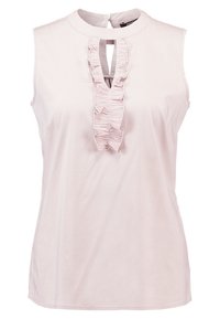 Top senza maniche rosa con scollatura rotonda e apertura a chiave, caratterizzato da rouches verticali lungo il centro. Tessuto liscio e leggero.