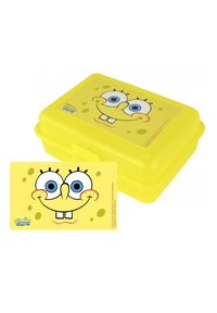 Yellow plastic lunchbox with a raised lid featuring a smiling SpongeBob SquarePants graphic, round blue eyes, and a textured surface.