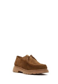 Brown suede shoes with a rounded toe, featuring decorative stitching and a rubber sole with a textured grip. Casual lace-up design.