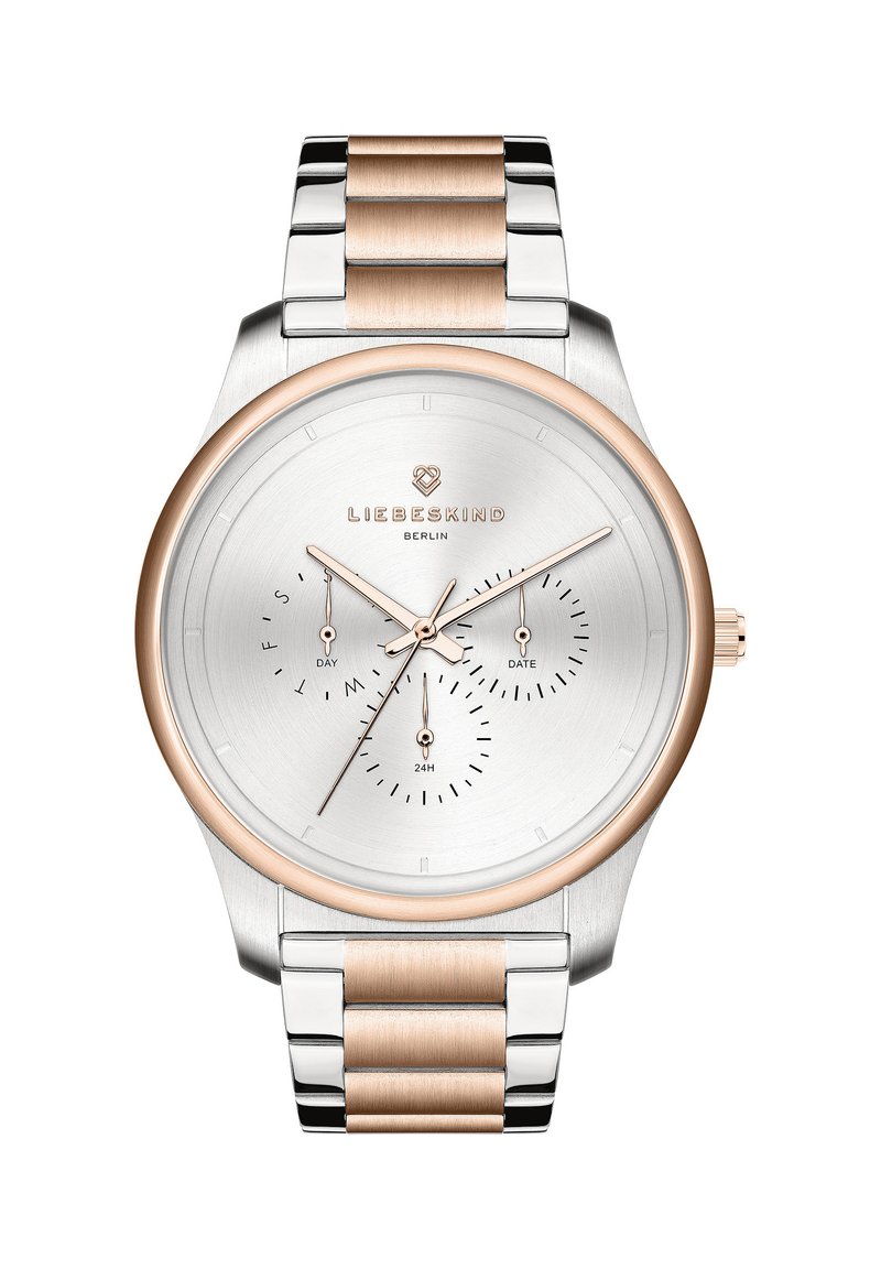 Reloj de metal plateado y rosa con una esfera circular, tres subesferas para el día, la fecha y la visualización de 24 horas, textura cepillada y acentos pulidos.