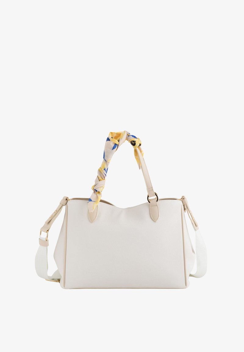 Sac alb din țesătură cu un design structurat, având accent un fular colorat cu model la mânere și o curea de umăr ajustabilă.