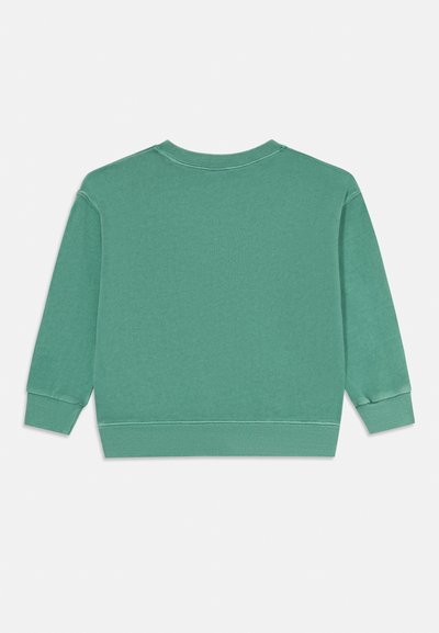 Grüner Crewneck-Sweatshirt mit langen Ärmeln, gerippten Bündchen und Saum, von hinten auf weißem Hintergrund gezeigt.