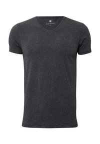 Dark gray short-sleeved V-neck t-shirt made from soft fabric with a smooth texture. Features a tag at the neckline with the brand logo.