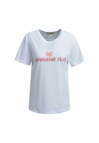 White cotton t-shirt with short sleeves, featuring "SUNSHINE CLUB" in pink text and a palm tree graphic above the text. V-neck design.