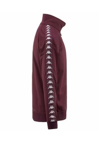 Giacca da tuta zip-up bordeaux con colletto alto e nastro con logo bianco lungo le maniche. Texture liscia con polsini e orlo a costine.