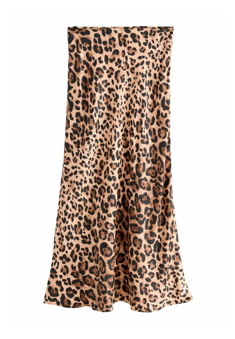 Maxi suknja s leopard uzorkom izrađena od glatkog materijala, s visokim strukom, lepršavim oblikom i bež pozadinom s tamnosmešastim mrljama.
