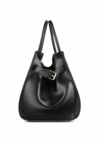 Schwarze Leder-Handtasche mit glatter Oberfläche, die ein gewelltes Design und eine Schnallenakzentuierung auf der Vorderseite aufweist. Doppelgriffe zum Tragen.