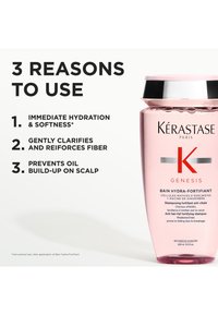 Champú Kérastase Genesis en una botella rosa con tapa plateada. La etiqueta incluye el nombre del producto y tres beneficios en texto en negrita.