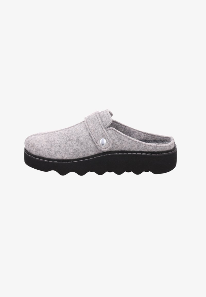 Gray felt slip-on clog with a rounded toe, featuring a black rubber sole and a decorative strap with a silver button accent.