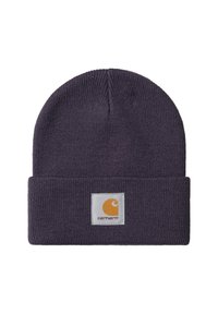 Gorro de punto morado oscuro con un dobladillo y un parche cuadrado blanco que presenta un logo de Carhartt naranja en el centro frontal.