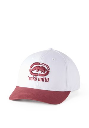 Biela a vínová baseballová čiapka s vínovým logom Ecko Unltd. s nosorožcom na prednej časti a vínovo zakriveným šiltom.