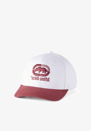 Fehér és bordó baseballsapka bordó Ecko Unltd. logóval, amely egy orrszarvút ábrázol az első panelen, és bordó ívelt napellenzővel.