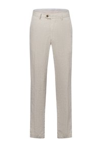 Beige Leinenhosen mit strukturierter Oberfläche, geradem Schnitt, Knopfverschluss und Punkte-Muster am inneren Bund.