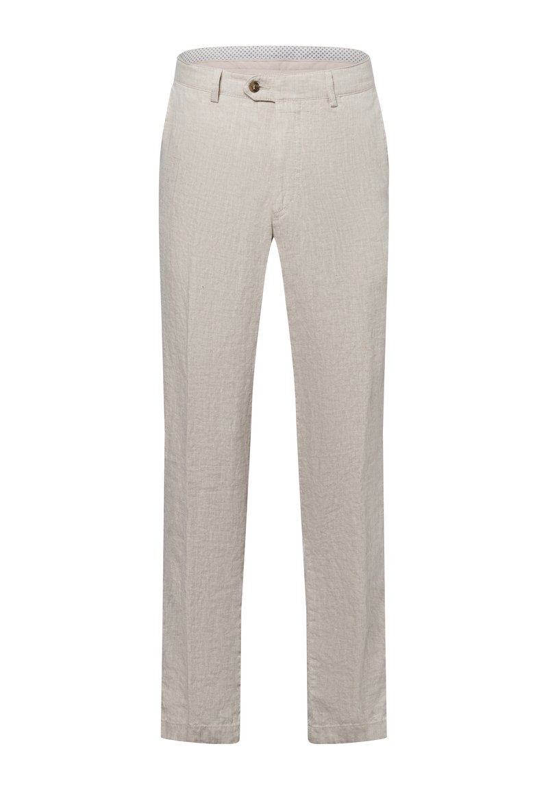 Beige Leinenhosen mit strukturierter Oberfläche, geradem Schnitt, Knopfverschluss und Punkte-Muster am inneren Bund.