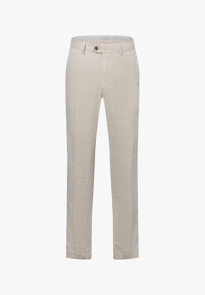 Beige Leinenhosen mit strukturierter Oberfläche, geradem Schnitt, Knopfverschluss und Punkte-Muster am inneren Bund.