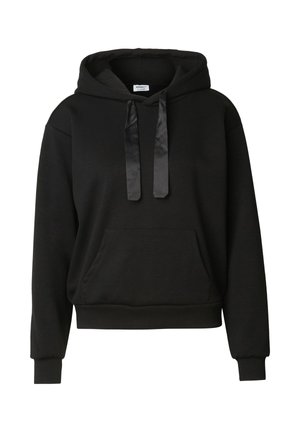 Sort langærmet hættetrøje med forlommekængurulomme og brede satin snoretræk, der har en afslappet pasform samt ribstrikkede manchetter og kant.