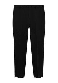 Schwarze maßgeschneiderte Hose mit schlankem Schnitt, flacher Vorderseite, zwei seitlichen Taschen und glatter Oberfläche. Mit Gürtelschlaufen und gepressten Falten.