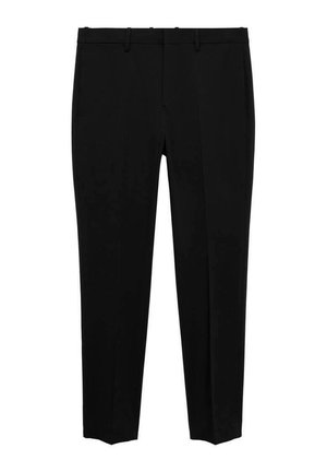 Pantaloni negri, croiți pe măsură, cu o tăietură slim, având fața netedă, două buzunare laterale și o textură fină. Include bucle pentru brâu și pliuri presate.