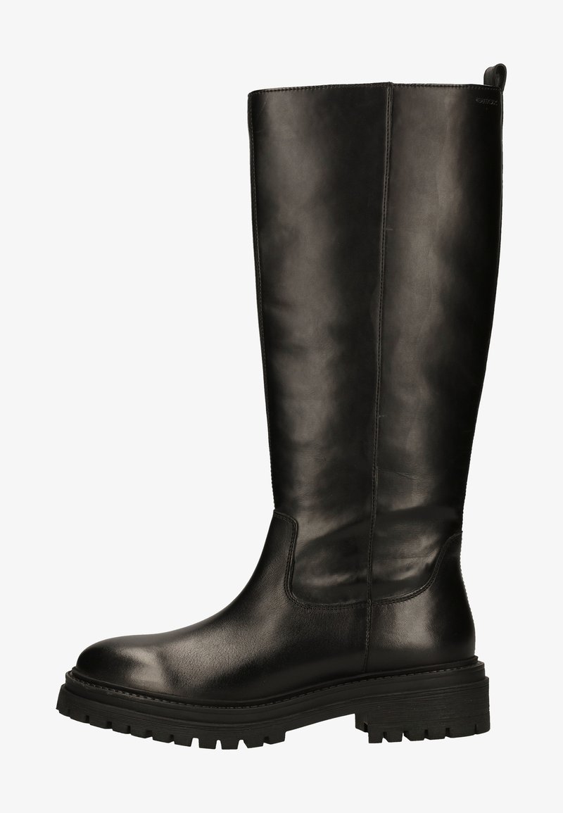 Bottes en cuir noir arrivant jusqu'aux genoux, avec une finition élégante, un bout arrondi, une semelle à crans robuste et des détails de couture minimaux sur la tige.