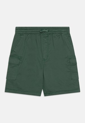 Shorts cargo verts en tissu léger, avec une taille élastique à cordon, des poches latérales et des poches cargo sur les cuisses.