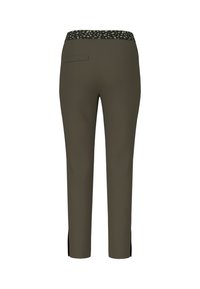 Olive green pants with a patterned black waistband, straight leg design, side slit accents, and a single back pocket.