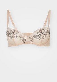 Helle beige BH mit schwarzer floraler Stickerei, Spitzenbesatz am Ausschnitt und verstellbaren Trägern. Ausgestattet mit einem Haken- und Ösenverschluss.