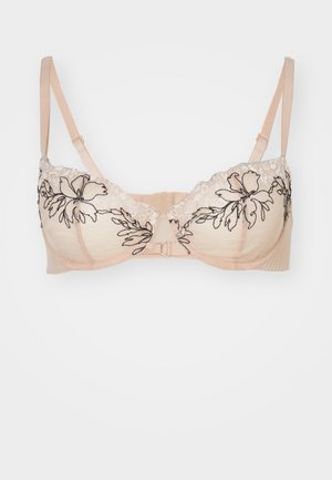 Helle beige BH mit schwarzer floraler Stickerei, Spitzenbesatz am Ausschnitt und verstellbaren Trägern. Ausgestattet mit einem Haken- und Ösenverschluss.