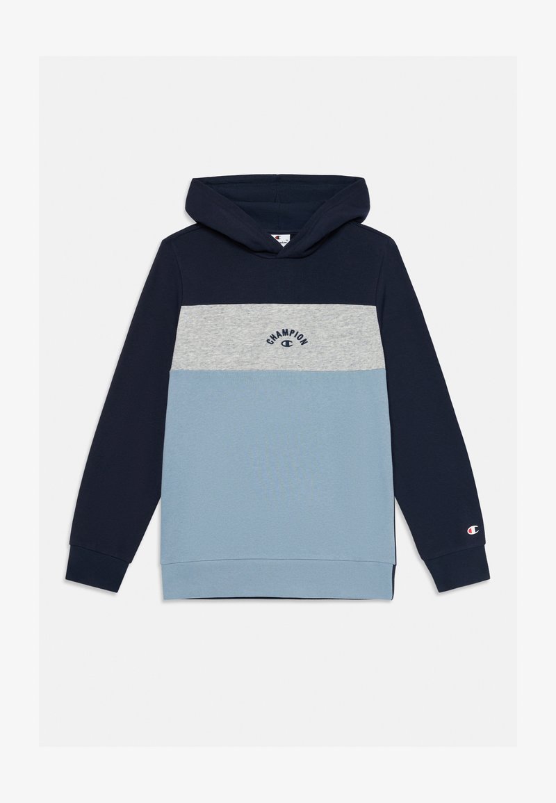 Felpa con cappuccio in navy, azzurro chiaro e grigio. Presenta un design a blocchi orizzontali di colore con il logo "Champion" al centro e dettagli sui polsini.