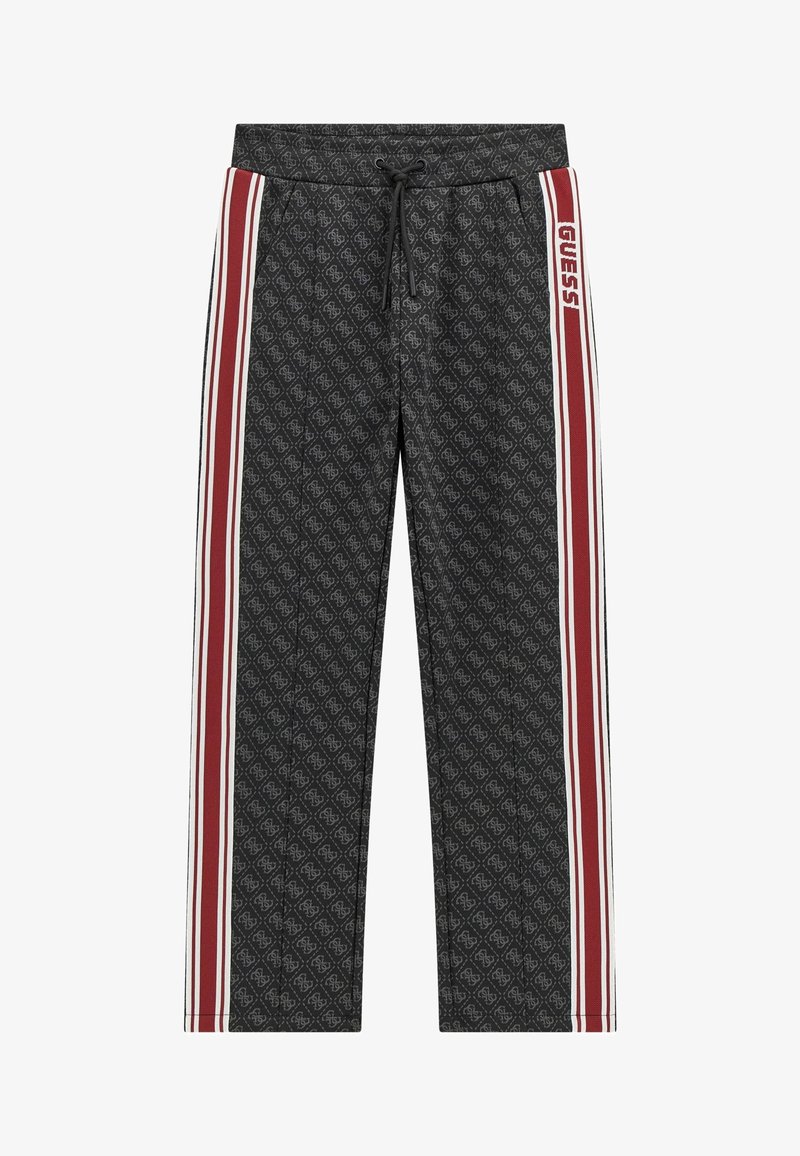 Schwarze Sweatpants mit einem Muster, die an den Seiten rote und weiße vertikale Streifen haben. Sie verfügen über einen verstellbaren Kordelzugbund und den Markennamen.