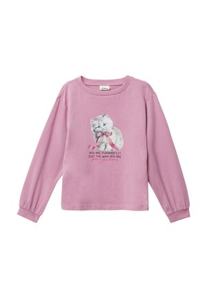 Maglietta rosa a maniche lunghe con scollatura rotonda, caratterizzata da una grafica di un gatto e del testo. Tessuto morbido, vestibilità comoda e polsini elasticizzati.
