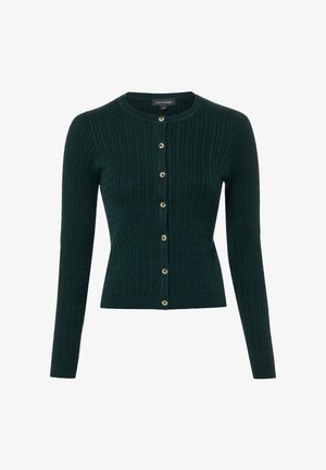 Dunkelgrüne, kabelgestrickte Strickjacke mit langen Ärmeln, rundem Ausschnitt und sieben Knöpfen vorne.