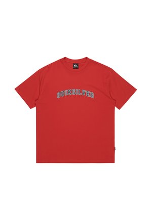 Red Quiksilver short-sleeve crew neck t-shirt with curved white and black logo text on the chest, plain background.