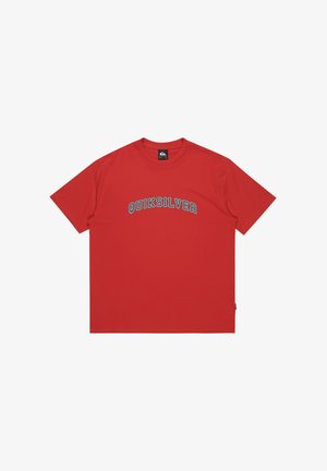 Red Quiksilver short-sleeve crew neck t-shirt with curved white and black logo text on the chest, plain background.