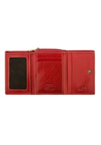Red leather wallet featuring a smooth texture, multiple card slots, a clear ID pocket, and a zippered compartment for coins.