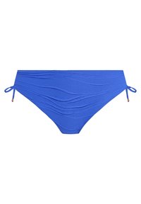 Blue bikini bottom with textured wave pattern, side ties, and small golden accents. Made of stretchy material, providing comfort and fit.