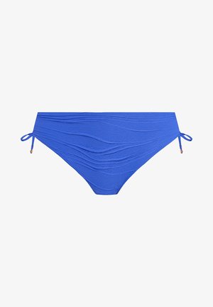 Blauwe bikini onderkant met een gestructureerd golfpatroon, zijstrikjes en kleine gouden accenten. Gemaakt van rekbaar materiaal, wat comfort en een goede pasvorm biedt.