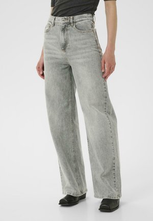 Light gray high-waisted jeans with a loose fit, featuring visible stitching, five pockets, and a classic button fly closure.