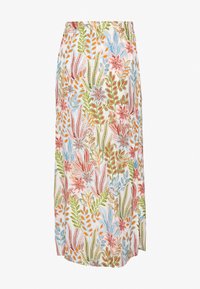 Blomsterprint midi-nederdel med elastisk talje, der har en hvid baggrund og farverige mønstre i pink, blå, grønne og orange nuancer.