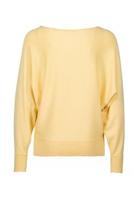 Gelbes Strickpullover mit weitem Ausschnitt und Design mit herabgesetzten Schultern. Verfügt über einen gerippten Saum und Ärmelbündchen mit gewellten Kanten.