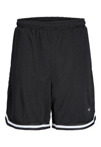 Zwarte mesh sportshorts met een ontspannen pasvorm, elastische tailleband en witte gestreepte accenten aan de zoom. Lichtgewicht en ademend ontwerp.