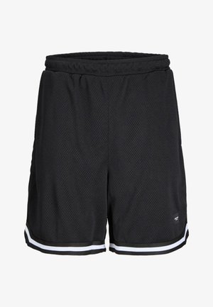 Shorts da corsa in rete nera con vestibilità rilassata, vita elasticizzata e accenti a strisce bianche all'orlo. Design leggero e traspirante.